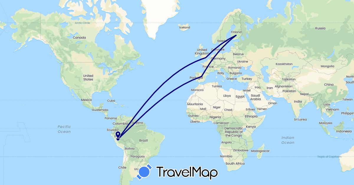 TravelMap itinerary: driving in Spain, Finland, United Kingdom, Peru (Europe, South America)
